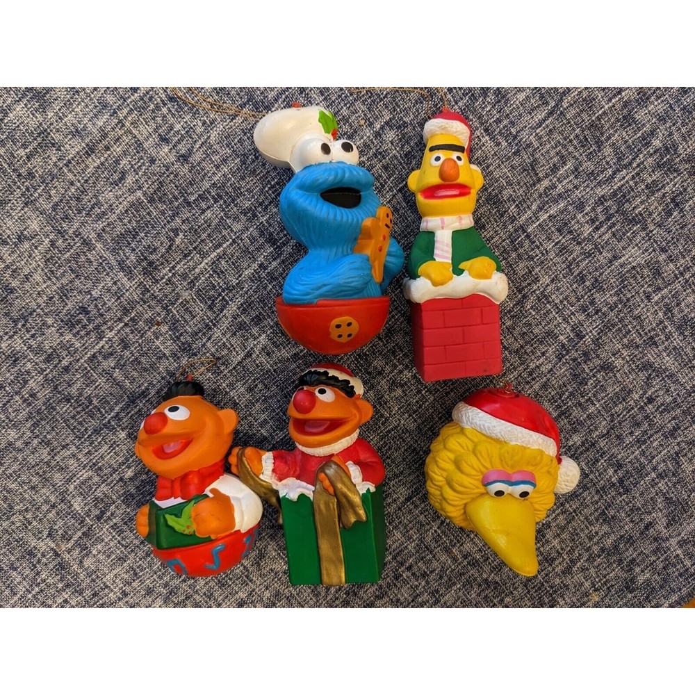Rare Vintage 5 Pc Christmas Ornament Bert Ernie Cookie Big Bird Sesame Street
